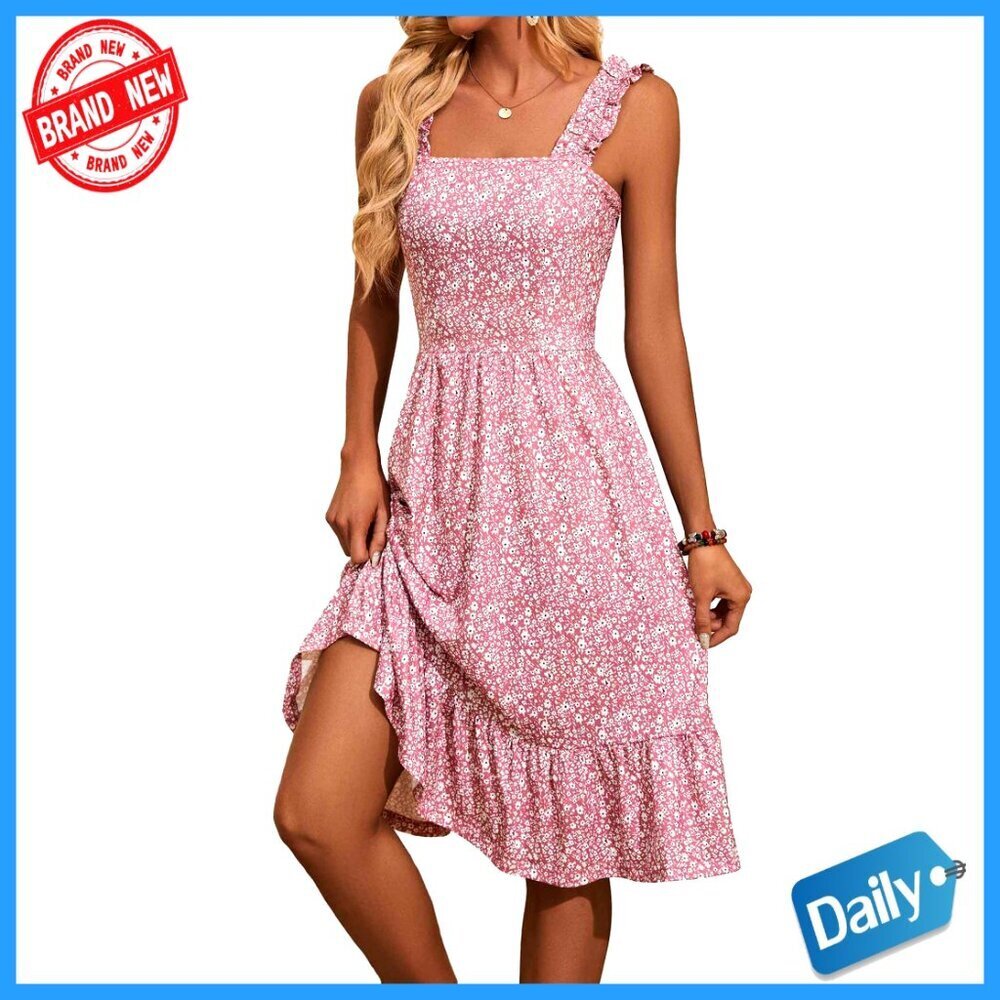 Summer Midi Dress Elastic Straps Square Neck Floral A-Line Sundress
